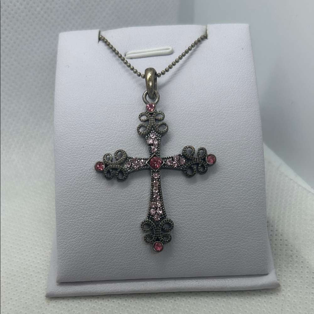 Pink Rhinestone and Silver Cross Pendant Necklace